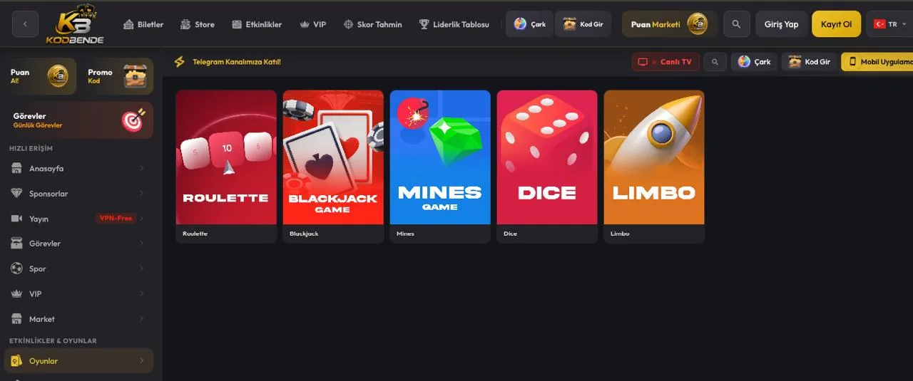 Kodbende oyunlar: Roulette, Blackjack, Mines, Dice ve Limbo